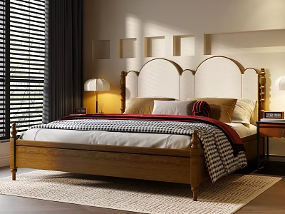 Warm Toned Bedroom With Double Bed Wooden Frame Beige Upholstered Headboard And Plaid Red Blankets 3d model