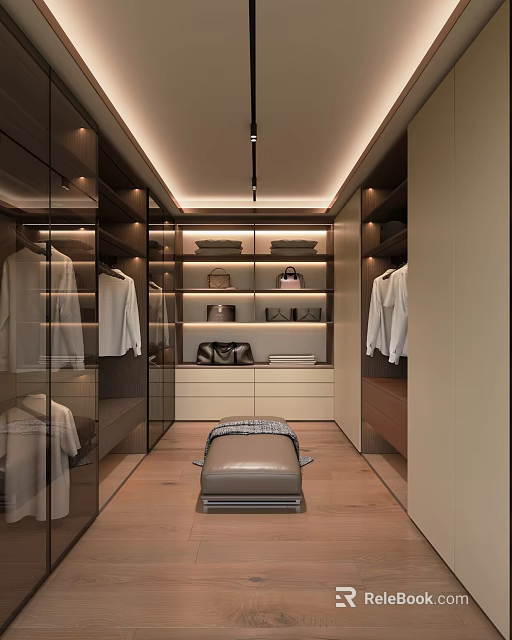 Luxury Modern Walk in Closet Interior With Hanging Clothes Glass Cabinets And Central Bench 3d model 