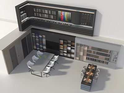 Modern Material Showroom Featuring Colorful Samples Display Shelves And Meeting Tables 3d model