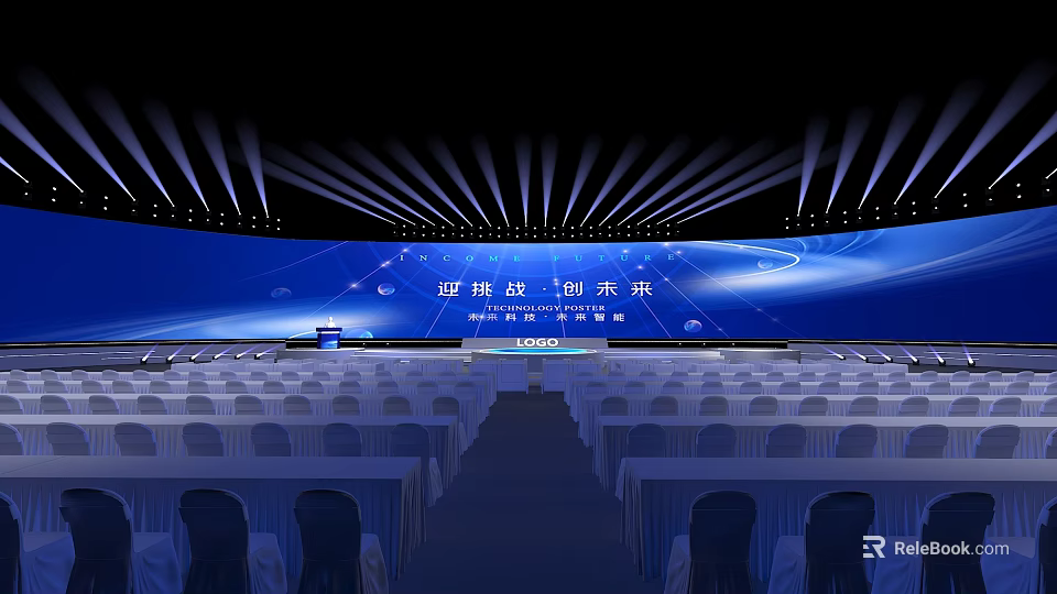 Spacious Conference Venue With Arranged Seats Stage Lights And Large Screen 3d model 