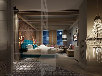 Stylish Hotel Room Interior With King Bed Brick Wall Chandelier Sofa And Night View Windows 3d model