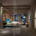 Stylish Hotel Room Interior With King Bed Brick Wall Chandelier Sofa And Night View Windows