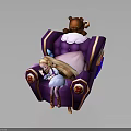 Sleeping Girl With Long Hair On Purple Sofa And Teddy Bear Toy