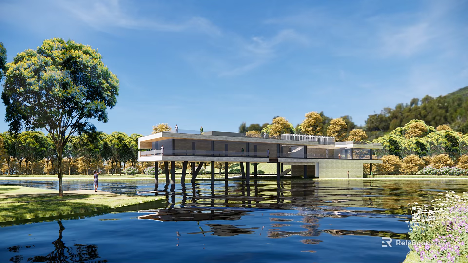 Modern Visitor Center Over Water With Pillars Surrounded By Green Trees And Blue Sky 3d model 