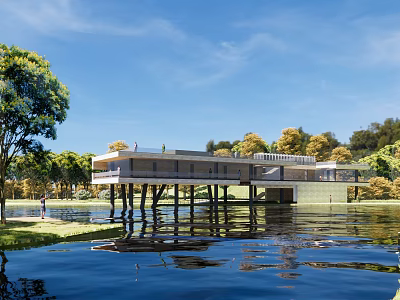 Modern Visitor Center Over Water With Pillars Surrounded By Green Trees And Blue Sky 3d model
