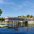 Modern Visitor Center Over Water With Pillars Surrounded By Green Trees And Blue Sky