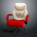 Modern Office Chair Featuring Beige Backrest Red Seat Armrests And Logo Design With Wheels