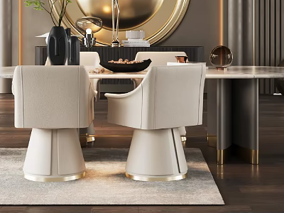 Elegant Modern Dining Table With Beige Upholstered Chairs And Marble Top On Wooden Floor 3d model