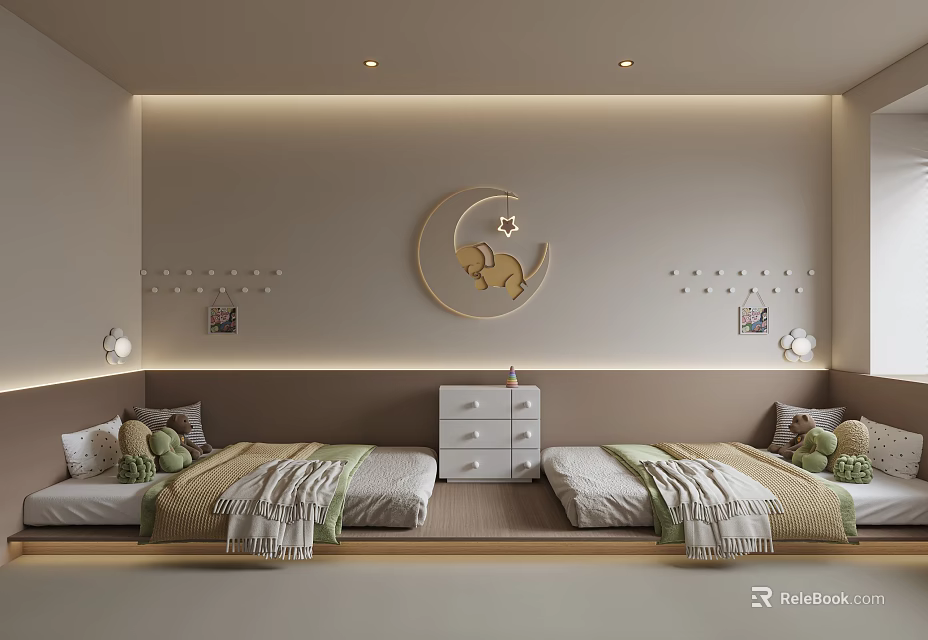 Cozy Kids Room Interior With Twin Beds Moon Star Decor Drawer Chest And Stuffed Toys 3d model 