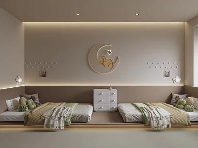 Cozy Kids Room Interior With Twin Beds Moon Star Decor Drawer Chest And Stuffed Toys 3d model