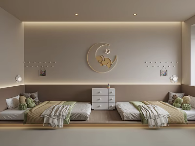 Cozy Kids Room Interior With Twin Beds Moon Star Decor Drawer Chest And Stuffed Toys 3d model