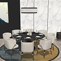 Elegant Round Dining Table Set with Beige Chairs Marble Wall and Chandelier 3d model