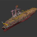 Military Aircraft Carrier With Red Hull Yellow Deck And Flag On Upper Deck