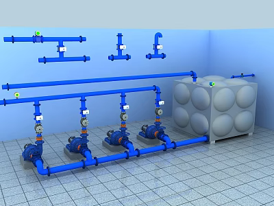 Industrial Fluid Handling Equipment With Blue Pipes Pumps And Water Storage Tank 3d model