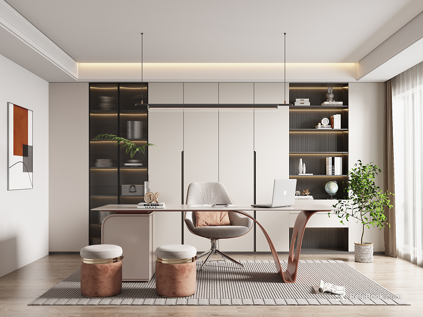 Modern Study Room Interior With Wooden Desk Comfortable Chair Bookshelves And Green Plant 3d model 