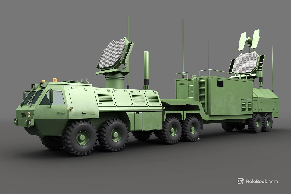 Military Green Heavy Duty Functional Vehicle With Radar System And Multiple Antennas 3d model 