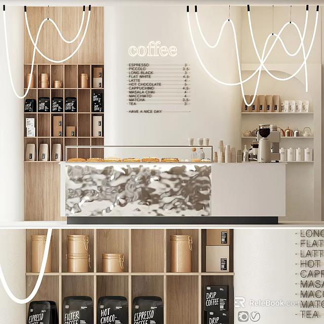 Modern Café Interior With Coffee Menu Wooden Shelves Coffee Barrels Coffee Machine And Pastries 3d model 