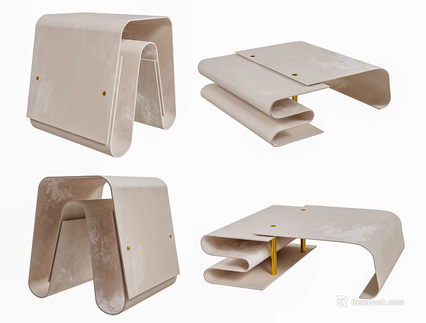 Modern Light Colored Coffee Table With Folding Structure And Gold Decorative Nails 3d model 