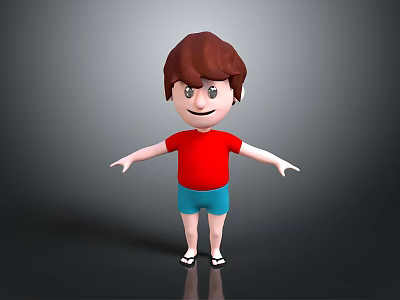 3D Cartoon Character with Brown Hair Red Shirt Blue Shorts White Sandals and Outstretched Arms 3d model