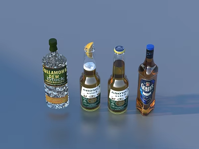 Different Alcohol Beverage Bottles with Brand Labels and Lemon Garnish on Gray Surface 3d model