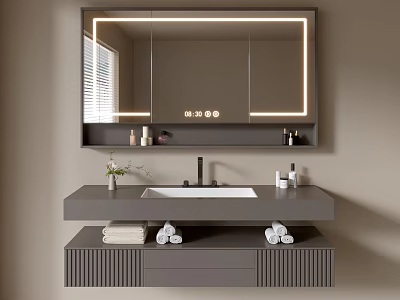 Modern Gray Bathroom Vanity with Backlit Mirror Under Mount Sink and Storage Drawers 3d model