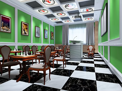School Room With Green Walls Black White Checkered Floor Tables Chairs Paintings Lectern And Lights 3d model