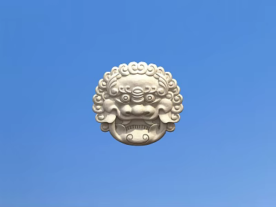 Intricate Carved Lion Head Ornament With Silver Texture Against Blue Sky 3d model