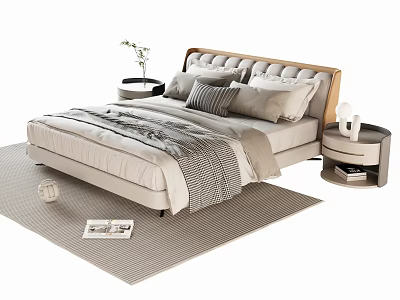 Modern Light Colored Double Bed With Stylish Headboard Multiple Pillows Striped Blanket And Nightstand On Rug 3d model