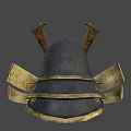 Ornate Traditional Samurai Helmet With Golden Decorations And Red Mask Design