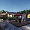 Traditional Garden Landscape With Wooden Deck Stone Flooring Outdoor Furniture Red Umbrella And Green Plants