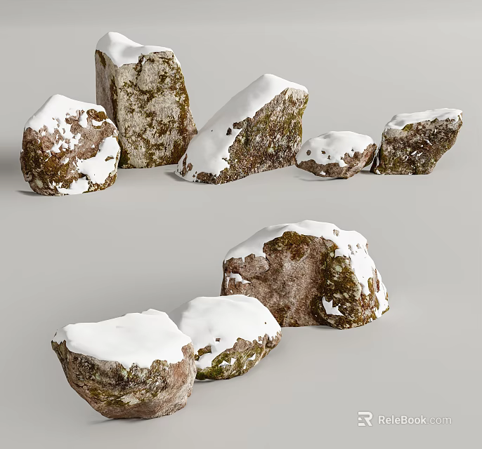 Natural Snow Covered Stones And Wood Elements With Textured Surfaces 3d model