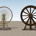Garden Ornaments Showcasing Wooden Wheel And Light Colored Fan Like Structure With Stand
