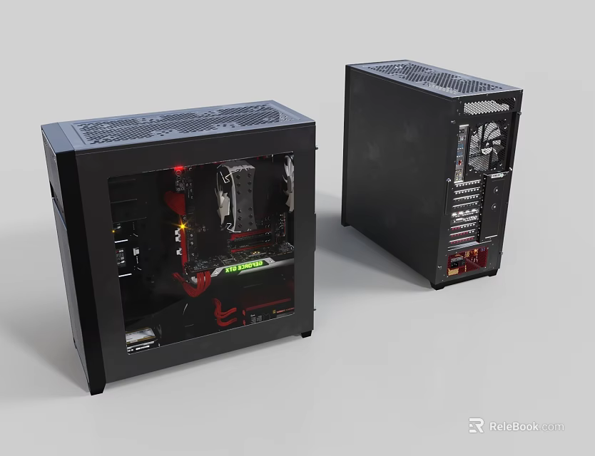 Transparent Side Panel Computer Case Revealing Internal Components RGB Lighting and Power Supply Interface 3d model 
