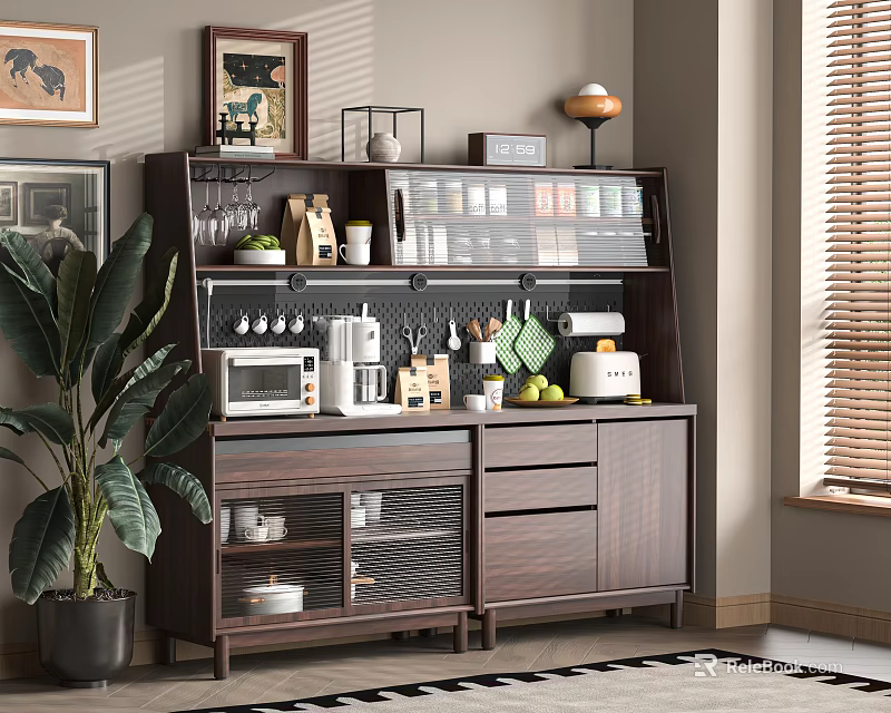 Modern Walnut Sideboard With Open Shelves Coffee Machine Microwave And Green Plant 3d model 