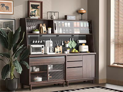 Modern Walnut Sideboard With Open Shelves Coffee Machine Microwave And Green Plant 3d model