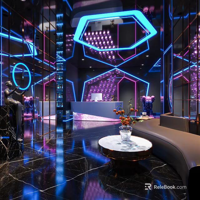 Modern KTV Interior Design Featuring Neon Lights Geometric Patterns And Marble Reception Desk 3d model