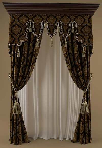 Elegant Dark Curtains With Ornate Patterns Tassels And Sheer Inner Layer 3d model