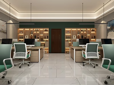 Bright Modern Public Office Space With Office Desks Green Chairs And Built In Bookshelves 3d model