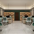 Bright Modern Public Office Space With Office Desks Green Chairs And Built In Bookshelves