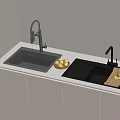Modern Kitchen Sink Double Bowl with Stainless Steel and Black Faucets Gray Countertop White Cabinets