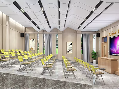 Modern Conference Room With Neatly Arranged Yellow Chairs Podium Large Screen And Wooden Walls 3d model