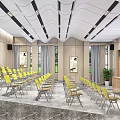 Modern Conference Room With Neatly Arranged Yellow Chairs Podium Large Screen And Wooden Walls