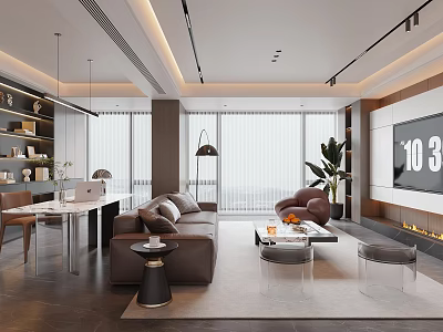 Modern Luxury Living Room Interior With Leather Sofa And Full Floor To Ceiling Windows 3d model