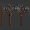 Classic Architectural Wooden Arched Structure with Decorative Iron Lattice and Carved Posts