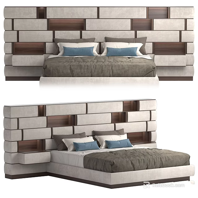 Modern Double Bed With Geometric Panel Headboard Gray Bedding And Blue Pillows 3d model 