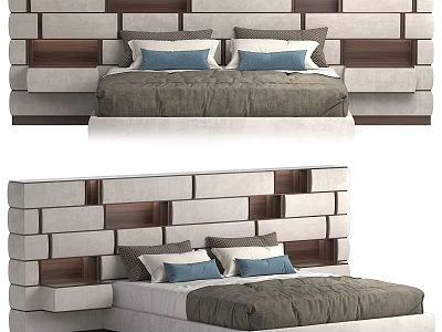 Modern Double Bed With Geometric Panel Headboard Gray Bedding And Blue Pillows 3d model