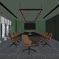 Modern Meeting Room With Green Walls Large Windows City View And Conference Table