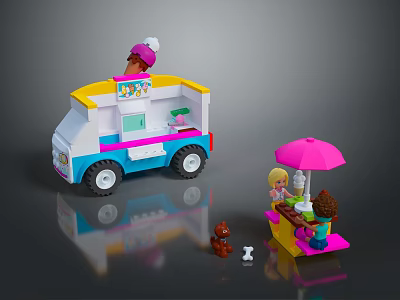 Lego Ice Cream Truck With Yellow Blue Ice Cream Sign Pink Umbrella Figures And Puppy 3d model