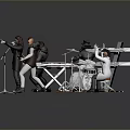 Five Piece Band Model Toys with Musical Instruments and Gray Reflective Surface 3d model