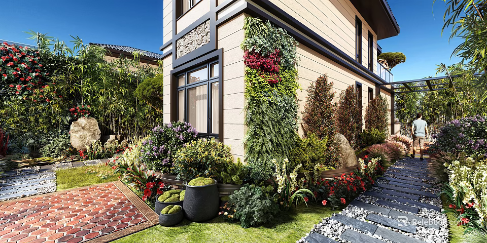 Beautiful Courtyard Garden With Lush Green Wall Colorful Plants And Decorative Stone Path 3d model 